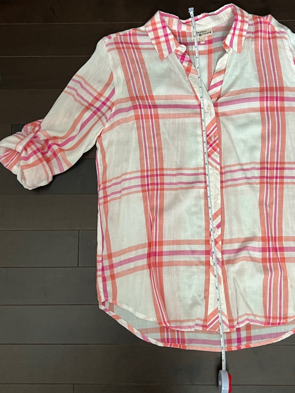 Womens Lightweight Pink & Coral Plaid Button-Up Shirt Sz L - Picture 6 of 9